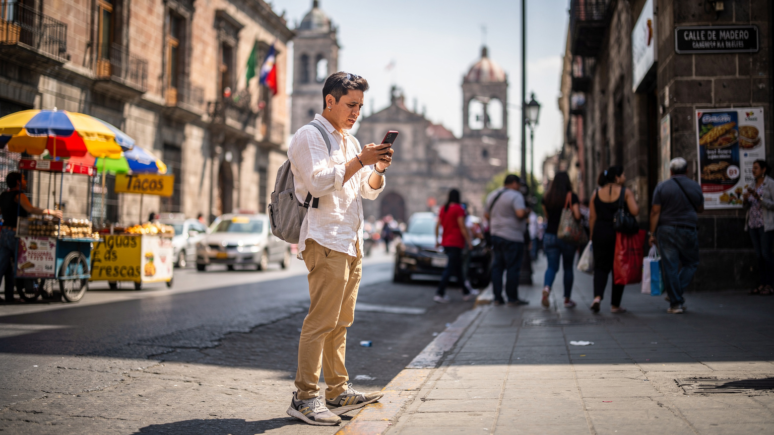 Eine belebte Straße in der Altstadt von Mexiko-Stadt, mit historischen Gebäuden und bunten Ständen, während ein Tourist aufmerksam sein Smartphone prüft.