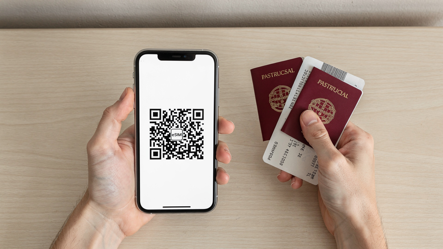 Mãos humanas segurando um smartphone exibindo um QR code para ativação de eSIM, enquanto outra mão segura um passaporte e um cartão de embarque, sugerindo preparação para uma viagem internacional.