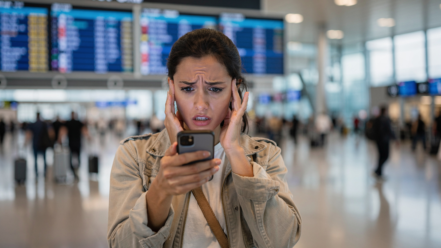 Uma mulher jovem, de aparência preocupada, segura seu smartphone e olha para o painel de voos de um aeroporto com as mãos no rosto, sugerindo um problema de conectividade ou com a conta de celular.