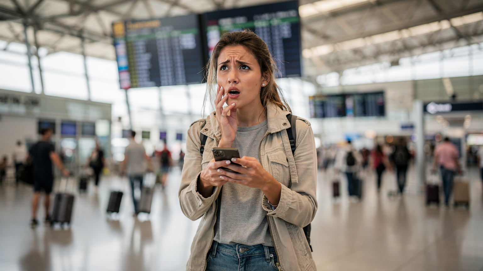 Uma mulher frustrada em um aeroporto movimentado tentando usar o Wi-Fi público instável para ativar seu smartphone, com a tela mostrando um erro de conexão. Ao fundo, passageiros e painéis de voo.