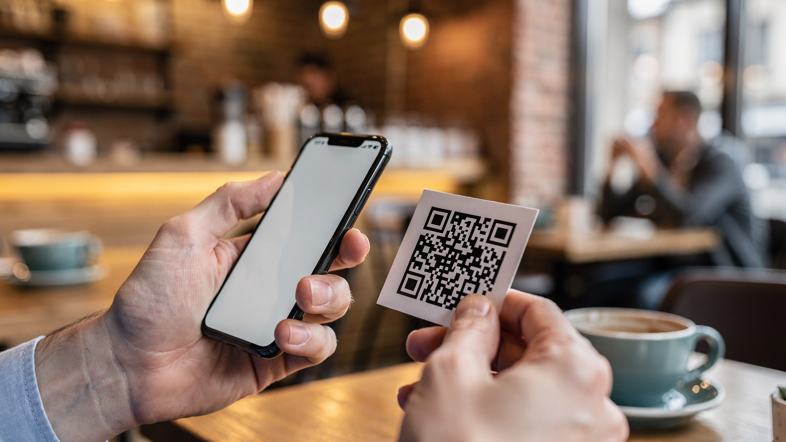 Крупний план рук, що тримають смартфон і сканують QR-код для активації eSIM. На задньому плані розмитий інтер'єр затишного київського кафе.