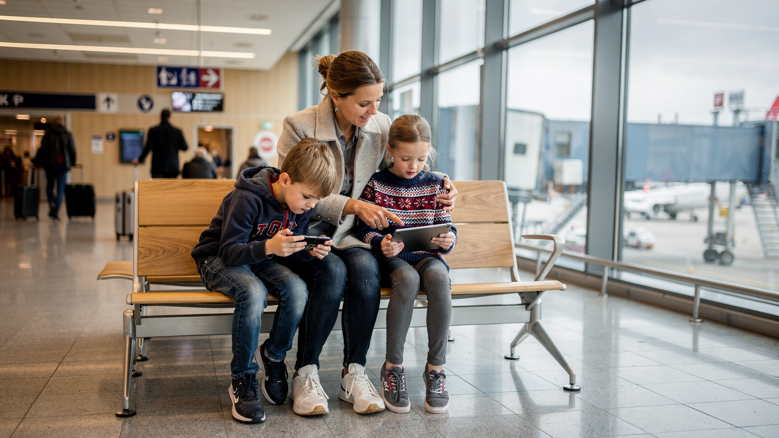 En mor og hennes to barn sitter på en benk i en travel flyplassterminal, hun hjelper den ene med å laste ned en film på et nettbrett mens den andre spiller på en smarttelefon.