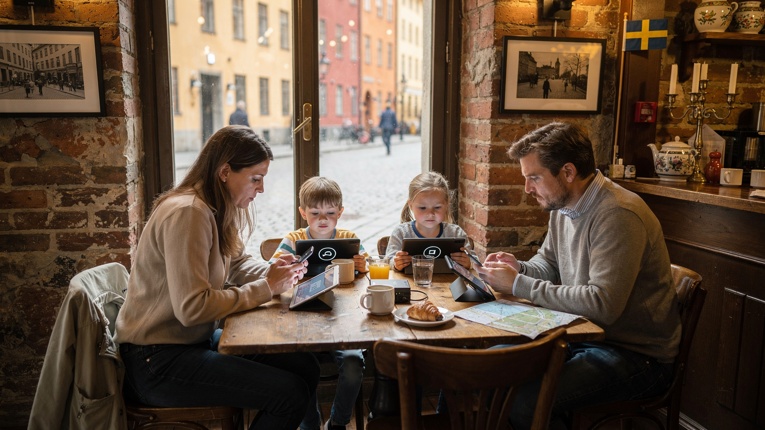 En travel familie med to barn forsøker å koble seg til Wi-Fi på en kafé i gamlebyen i Stockholm, med frustrerte ansiktsuttrykk og flere enheter i hendene.