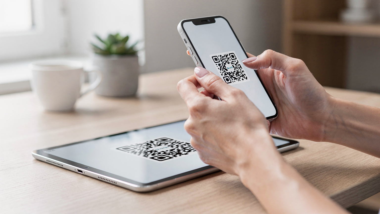 Nærbilde av en kvinnes hender som holder en smarttelefon og skanner en QR-kode fra en iPad, med fokus på skjermene og den digitale aktiveringsprosessen.