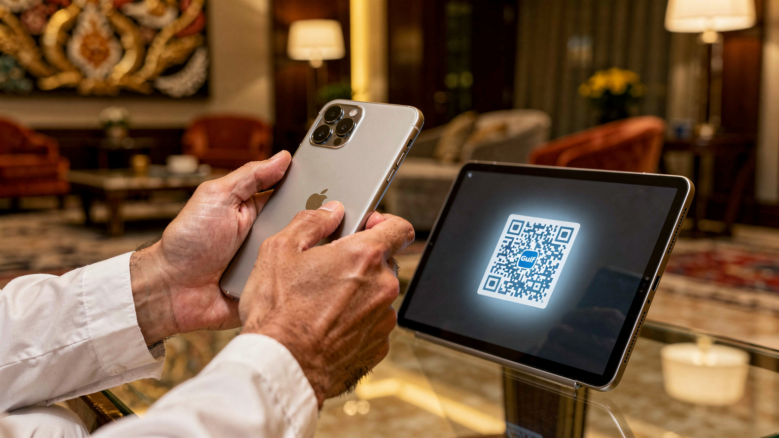 يد خليجية تحمل هاتف آيفون يمسح رمز QR لتفعيل باقة eSIM في أجواء مريحة ببهو فندق فخم في كوالالمبور.