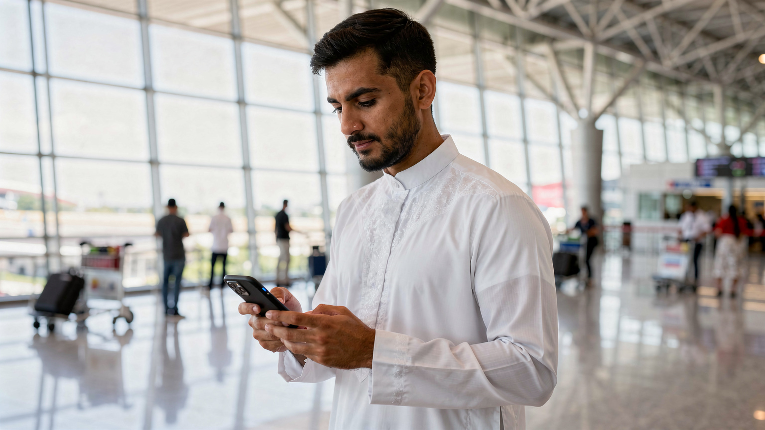 مسافر خليجي يتأكد من تفعيل باقة eSIM على هاتفه الذكي داخل مطار كوالالمبور الدولي قبل الانطلاق إلى وجهته.