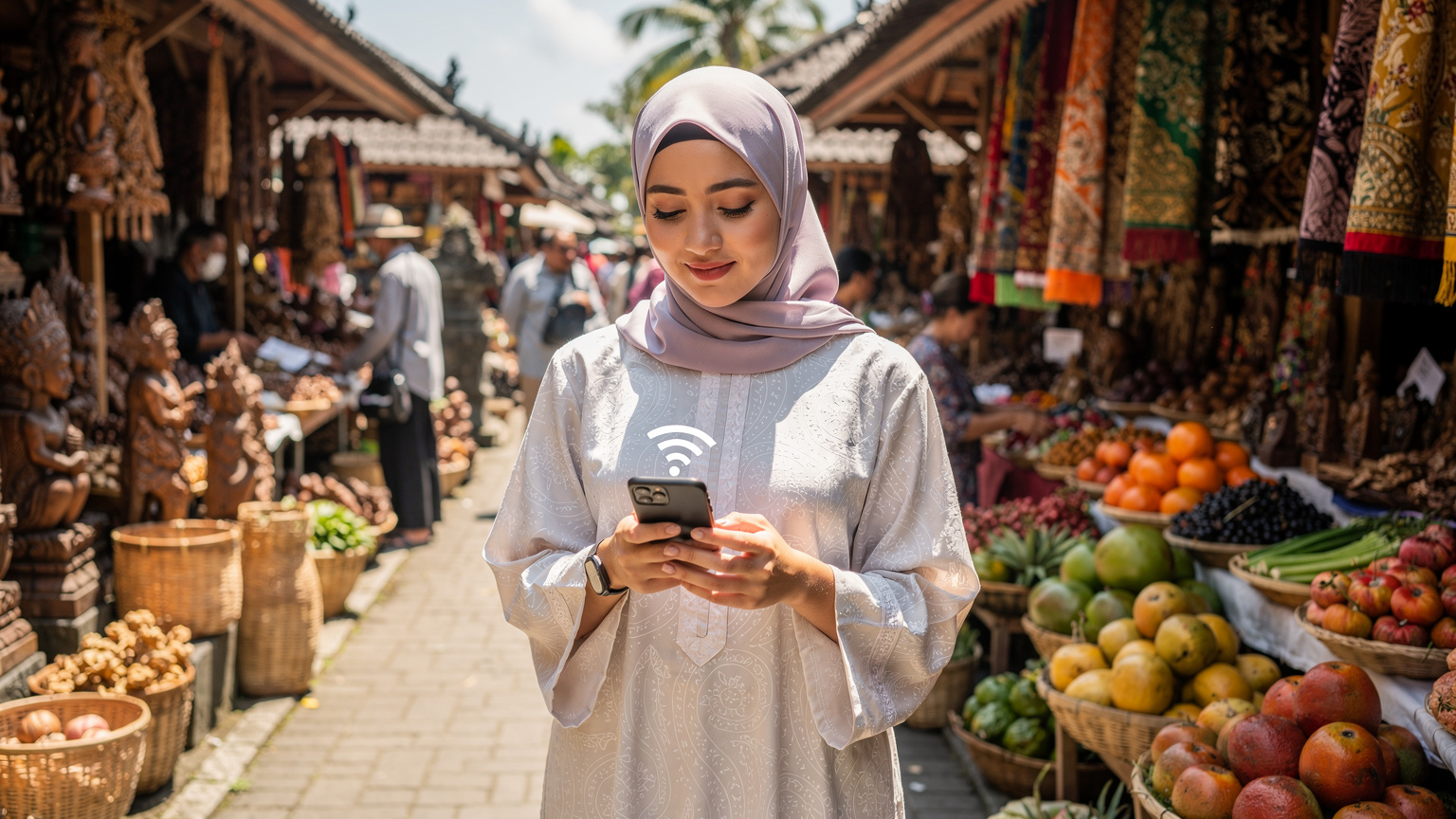 سائح خليجي شاب يتوقف لالتقاط صورة في سوق تقليدي في أوبود ببالي، بينما يتحقق من هاتفه المتصل بالإنترنت لتحديد وجهته التالية.