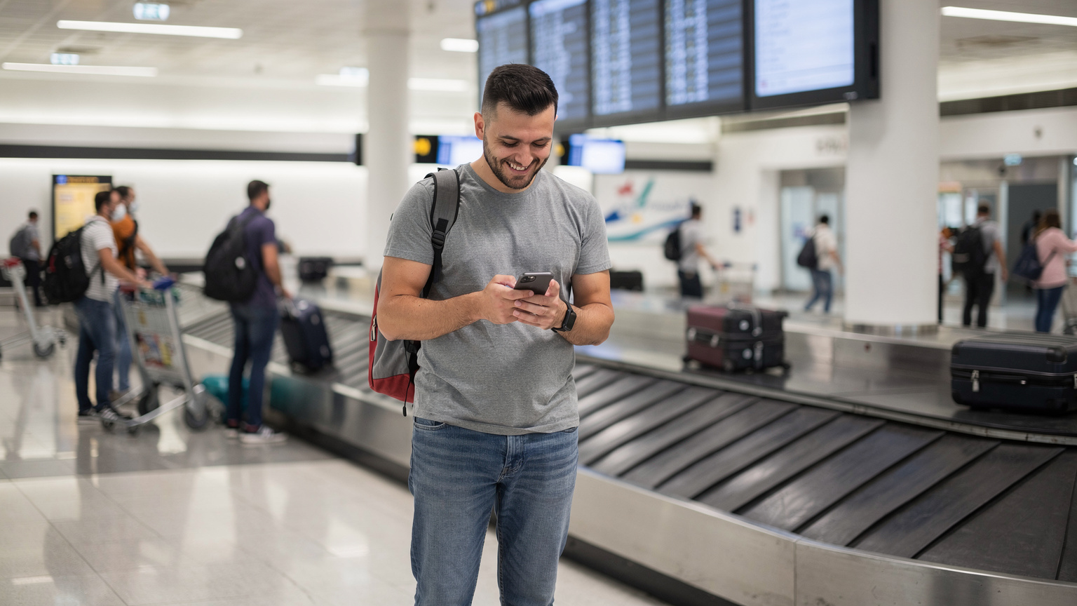 Ein Reisender am Flughafen Pristina checkt auf seinem Smartphone die eSIM-Verbindung, während im Hintergrund andere Passagiere und ein Ankunftsbereich zu sehen sind.