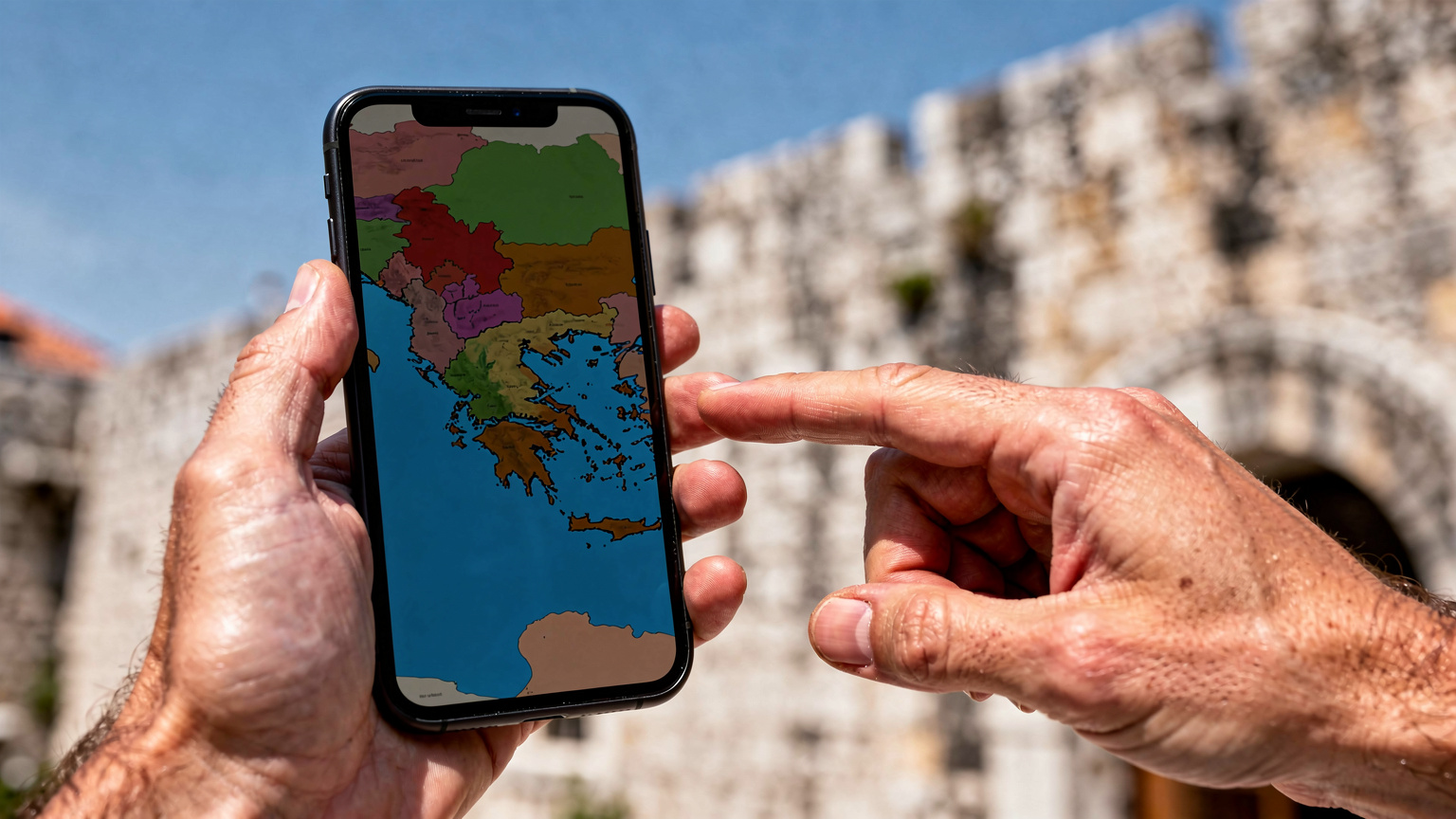 Nahaufnahme von Händen, die ein Smartphone halten, auf dem eine Karte der Balkanregion angezeigt wird, während im Hintergrund verschwommen eine historische Stadtmauer zu sehen ist.