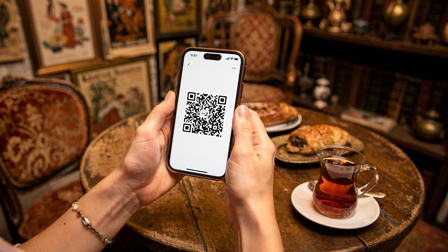 Жена държи телефон с QR код на екрана, готова да сканира eSIM профил, докато седи в уютно кафене в квартал Чукурджума в Истанбул.