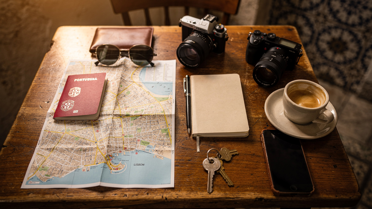 Uma mesa de um café aconchegante em Portugal, com um smartphone, um passaporte, fones de ouvido e um pequeno mapa de Lisboa espalhados, capturados em um estilo editorial de flat-lay.