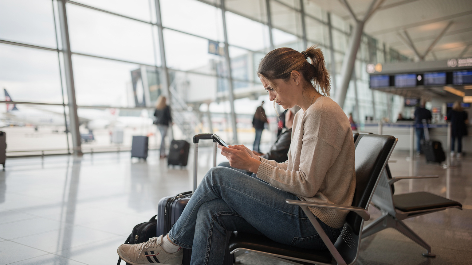 Uma mulher em um aeroporto movimentado na Europa, talvez em Frankfurt, olhando para o seu smartphone com uma expressão de preocupação enquanto tenta resolver um problema de conexão, com malas de viagem ao seu lado.
