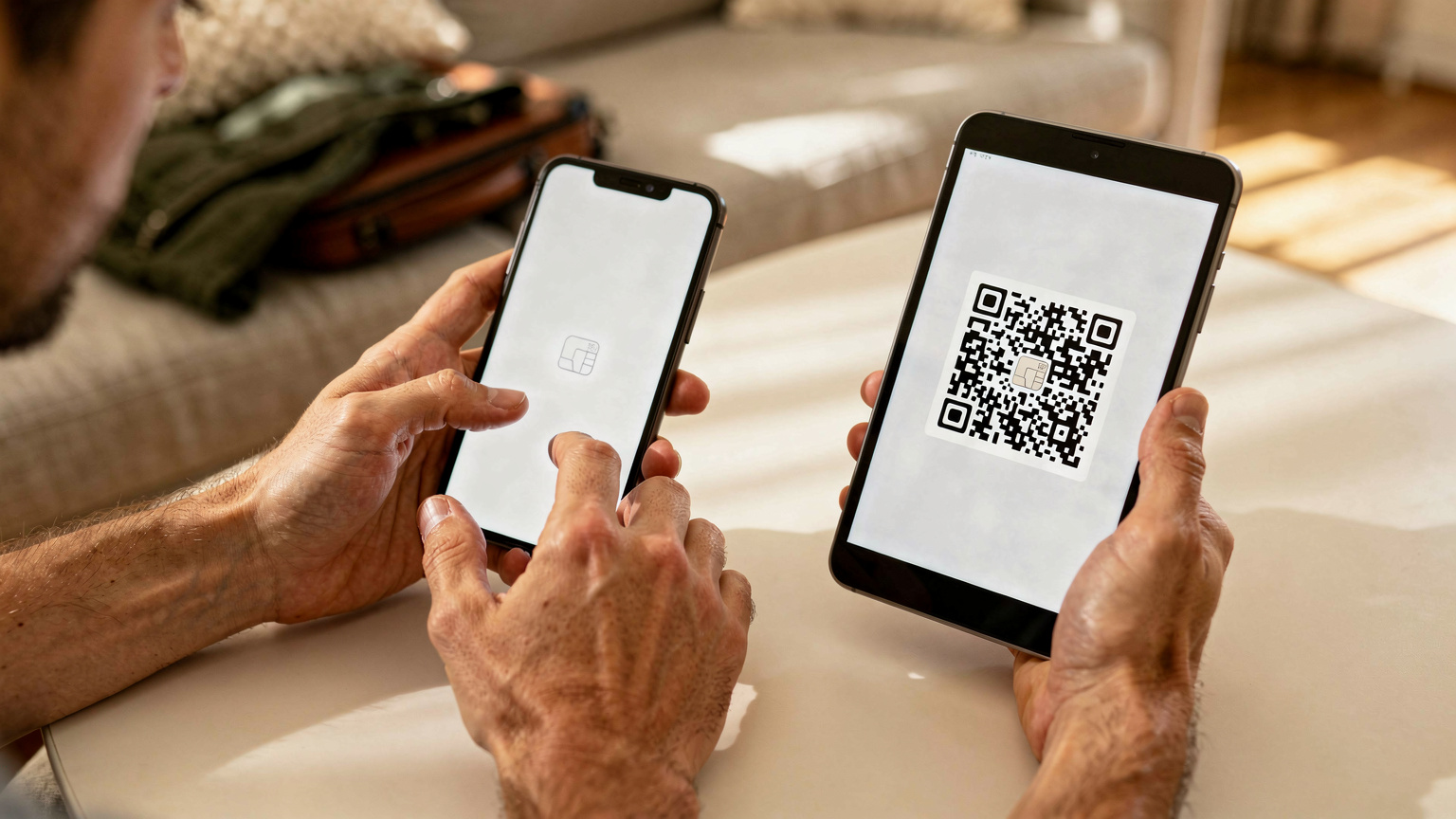 Zbliżenie na dłonie rodzica konfigurującego eSIM na smartfonie, z kodem QR do aktywacji widocznym na ekranie drugiego urządzenia. W tle zamazane dzieci bawiące się tabletami.
