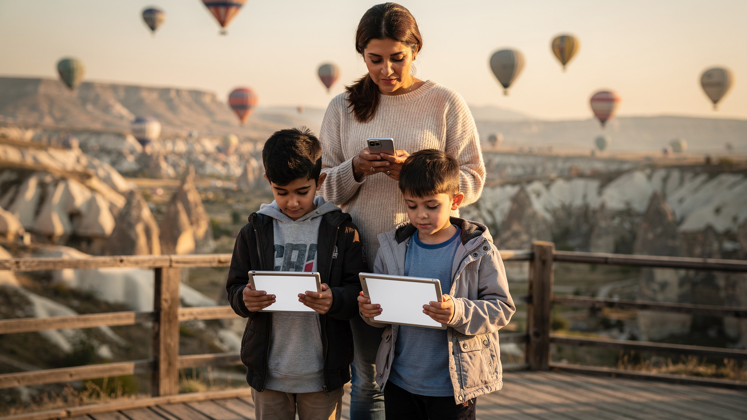 Bir annenin, Kapadokya'da balonlar havalanırken çocuklarının iPad'lerinde internet bağlantısını kontrol etmesi.