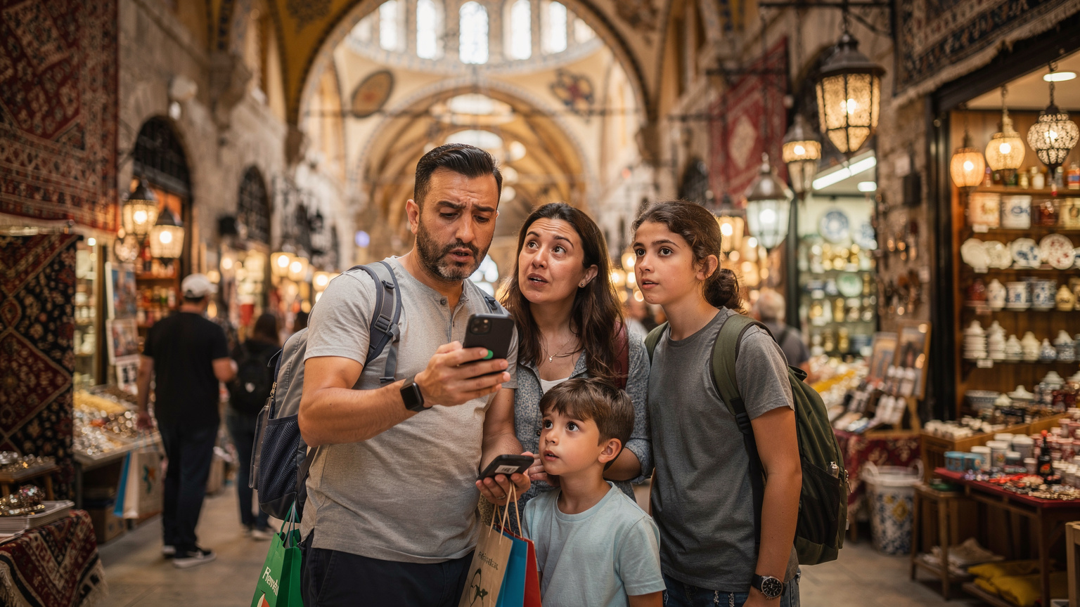 Bir ailenin elinde telefonlarıyla Kapalıçarşı'da kaybolmuş gibi görünmesi, ebeveynin eSIM bağlantısını kontrol etmesi.