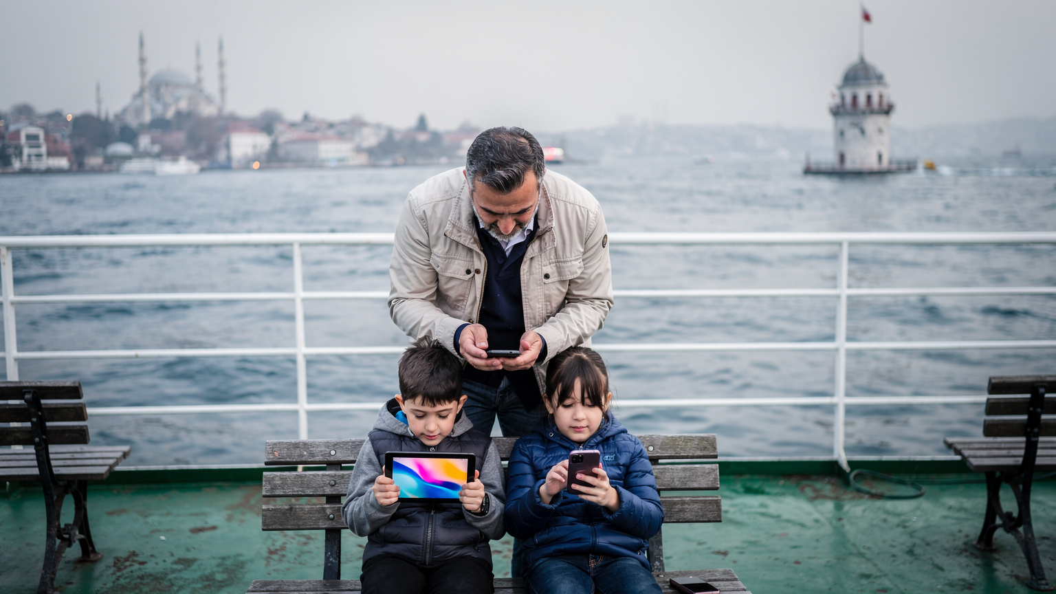 Bir aile babasının, İstanbul Boğazı'nda vapurda çocuklarının cihazlarındaki veri kullanımını denetlemesi.
