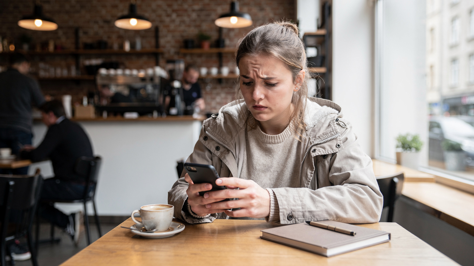 Eine junge Frau sitzt in einem belebten Café in Berlin-Mitte, blickt besorgt auf ihr Smartphone und versucht, eine Verbindung herzustellen, während sie eine Tasse Kaffee vor sich hat.