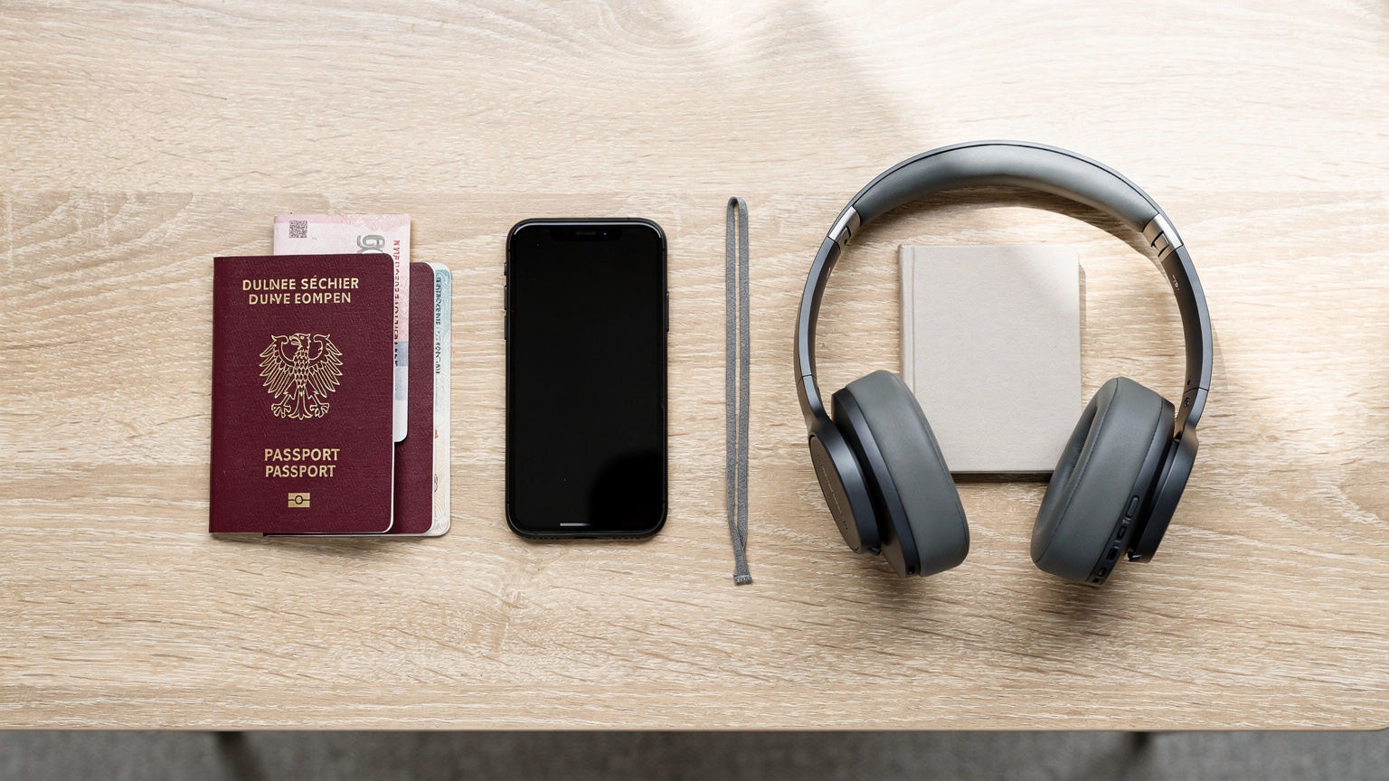 Ein Reisepass, ein Smartphone und ein Notizbuch liegen auf einem Holztisch neben einer Tasse Kaffee. Die Szene vermittelt den Eindruck, dass jemand eine Reise plant und wichtige Dokumente und Technologie organisiert.