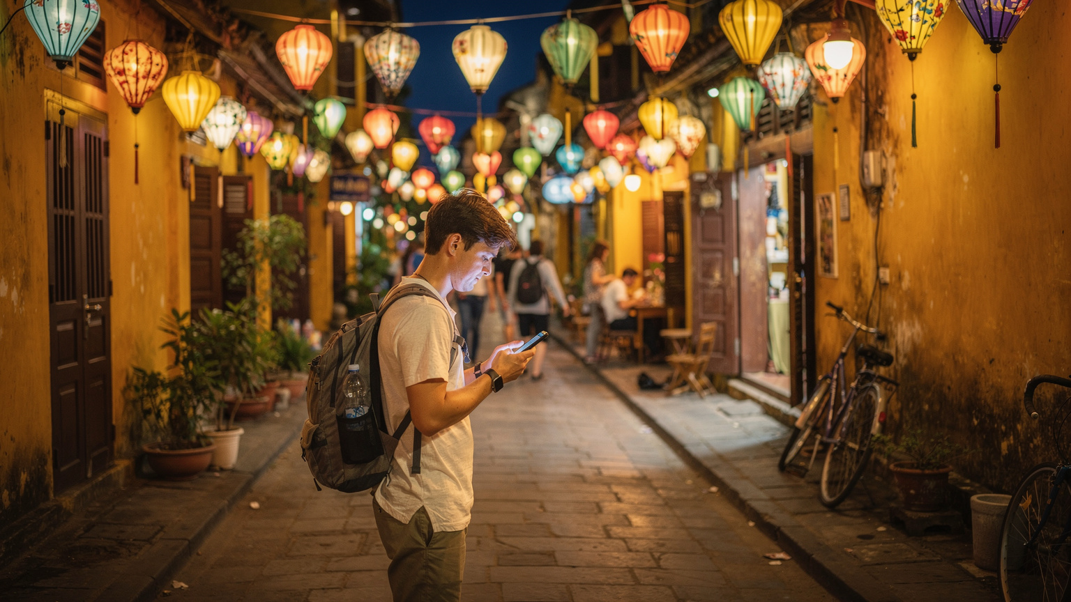 Một du khách trẻ đang sử dụng ứng dụng bản đồ trên điện thoại để tìm đường trong một con hẻm nhỏ đầy đèn lồng ở Phố Cổ Hội An vào buổi tối.