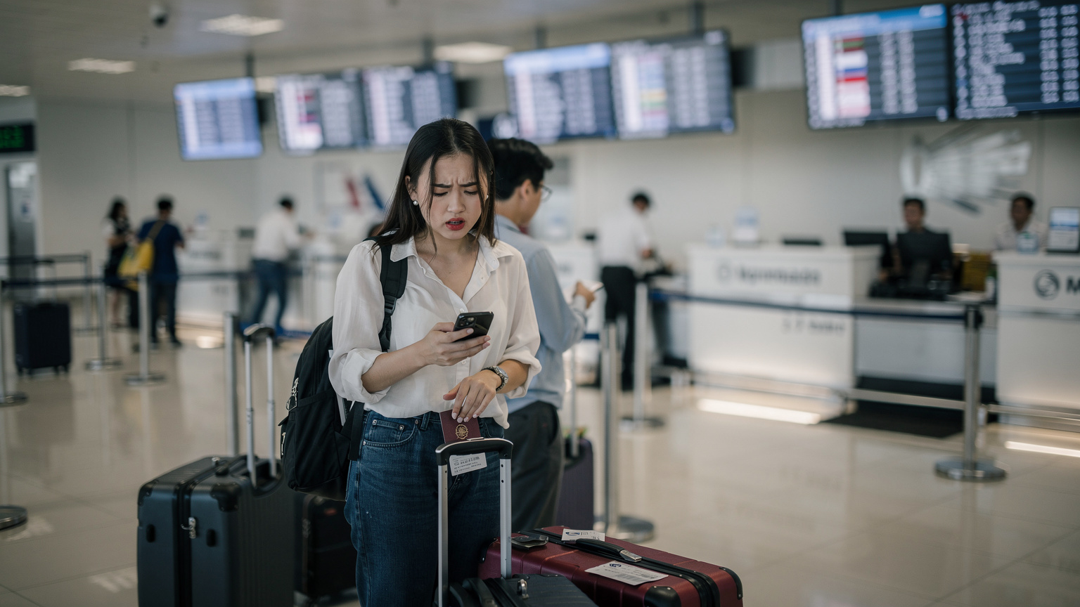 Một phụ nữ trẻ đang bối rối nhìn vào màn hình điện thoại tại quầy dịch vụ khách hàng của một hãng hàng không tại sân bay Đà Nẵng, xung quanh là hành lý và dòng người đi lại.
