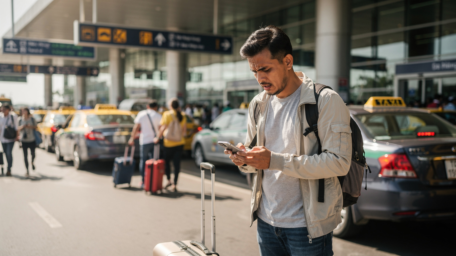 Một người đàn ông đang lo lắng cầm điện thoại nhìn vào màn hình tại khu vực đón taxi ở sân bay Đà Nẵng, xung quanh là nhiều biển chỉ dẫn và xe cộ.