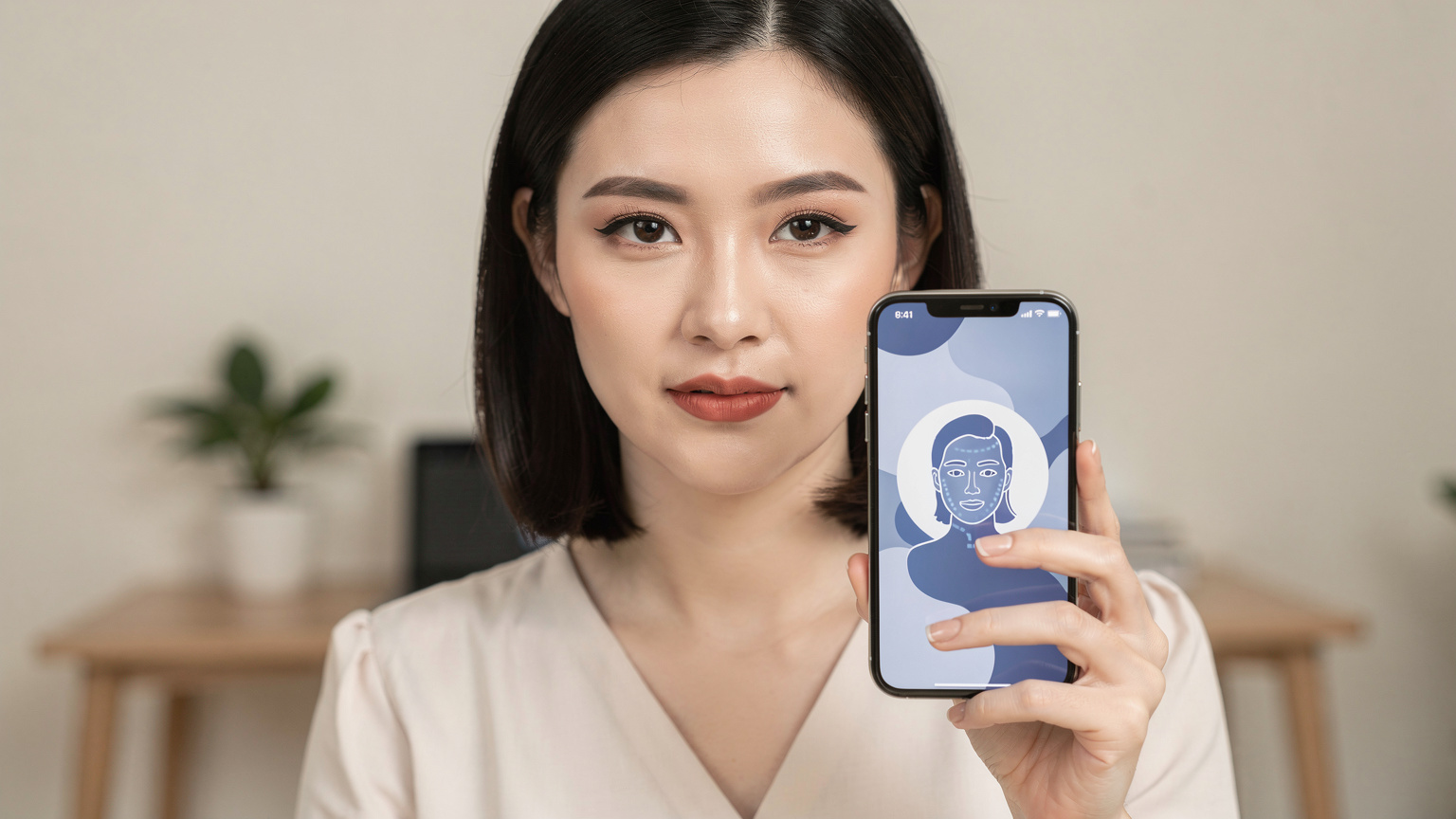 Cận cảnh một người phụ nữ đang thực hiện xác thực khuôn mặt trên ứng dụng My Viettel để đăng ký eSIM, với ánh sáng tốt và giao diện rõ ràng trên màn hình điện thoại.