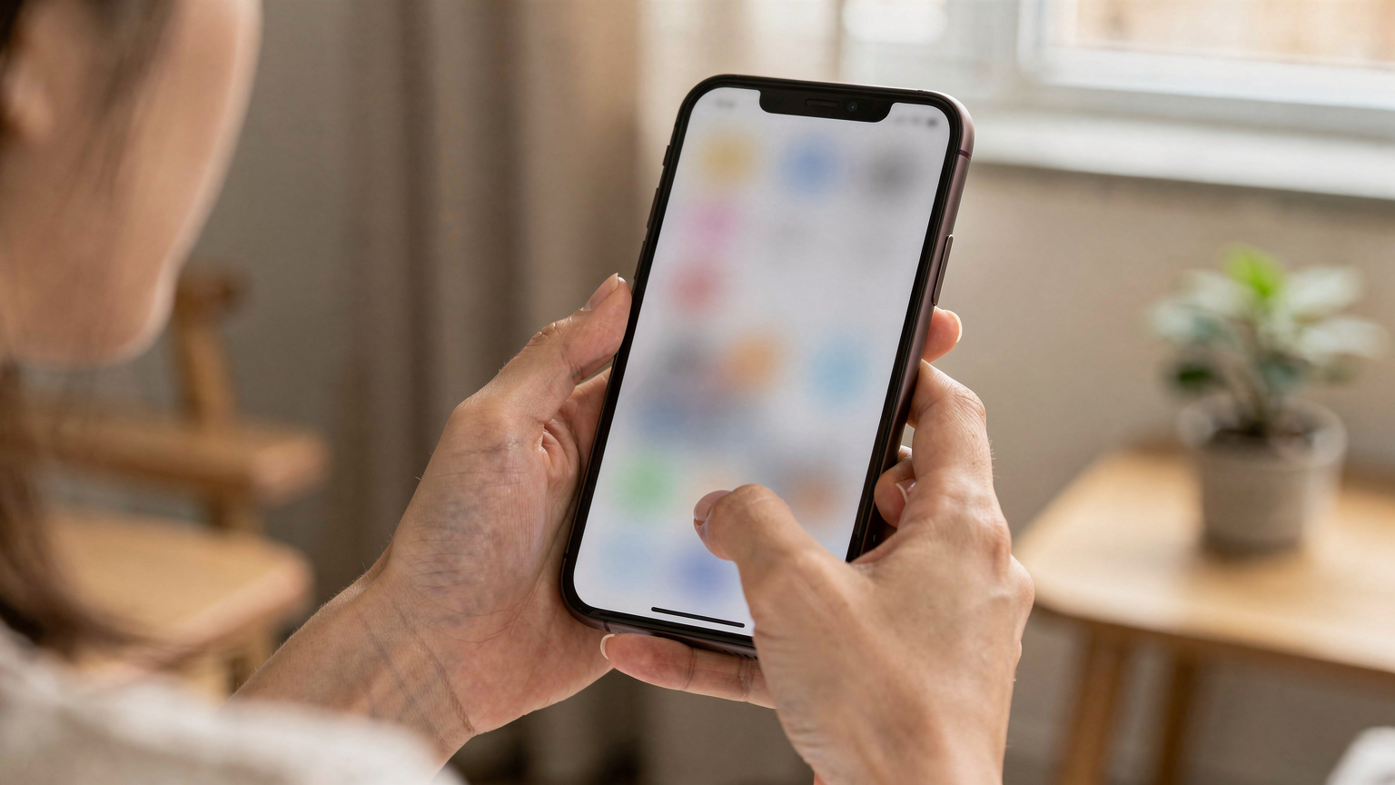 Một người phụ nữ trẻ đang cầm iPhone của mình, màn hình hiển thị các tùy chọn cài đặt mạng di động, tập trung vào mục thêm gói cước eSIM.