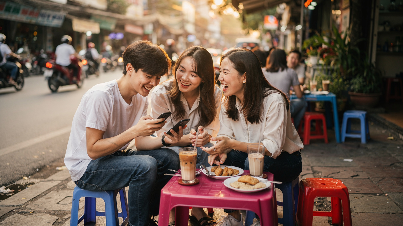 Một nhóm bạn trẻ người Việt đang vui vẻ trò chuyện tại một quán cà phê vỉa hè ở Thành phố Hồ Chí Minh, một người đang lướt điện thoại trong khi những người khác cười đùa.