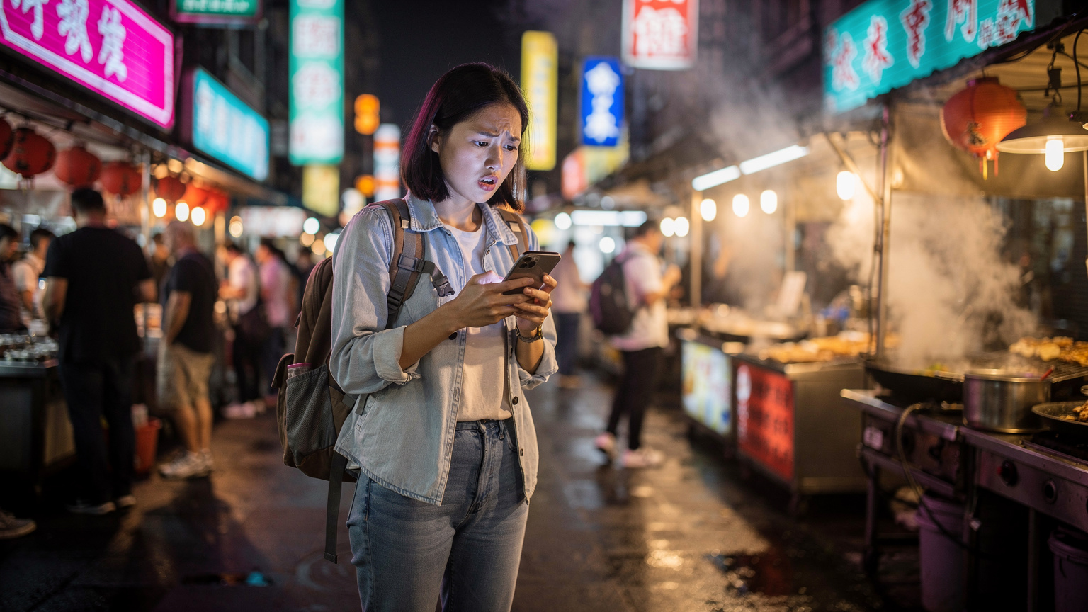 台北の夜市で、旅行者がiPhoneの画面を心配そうに見つめている。周囲は賑やかな屋台とネオンライトで、通信トラブルに直面している様子を表現。