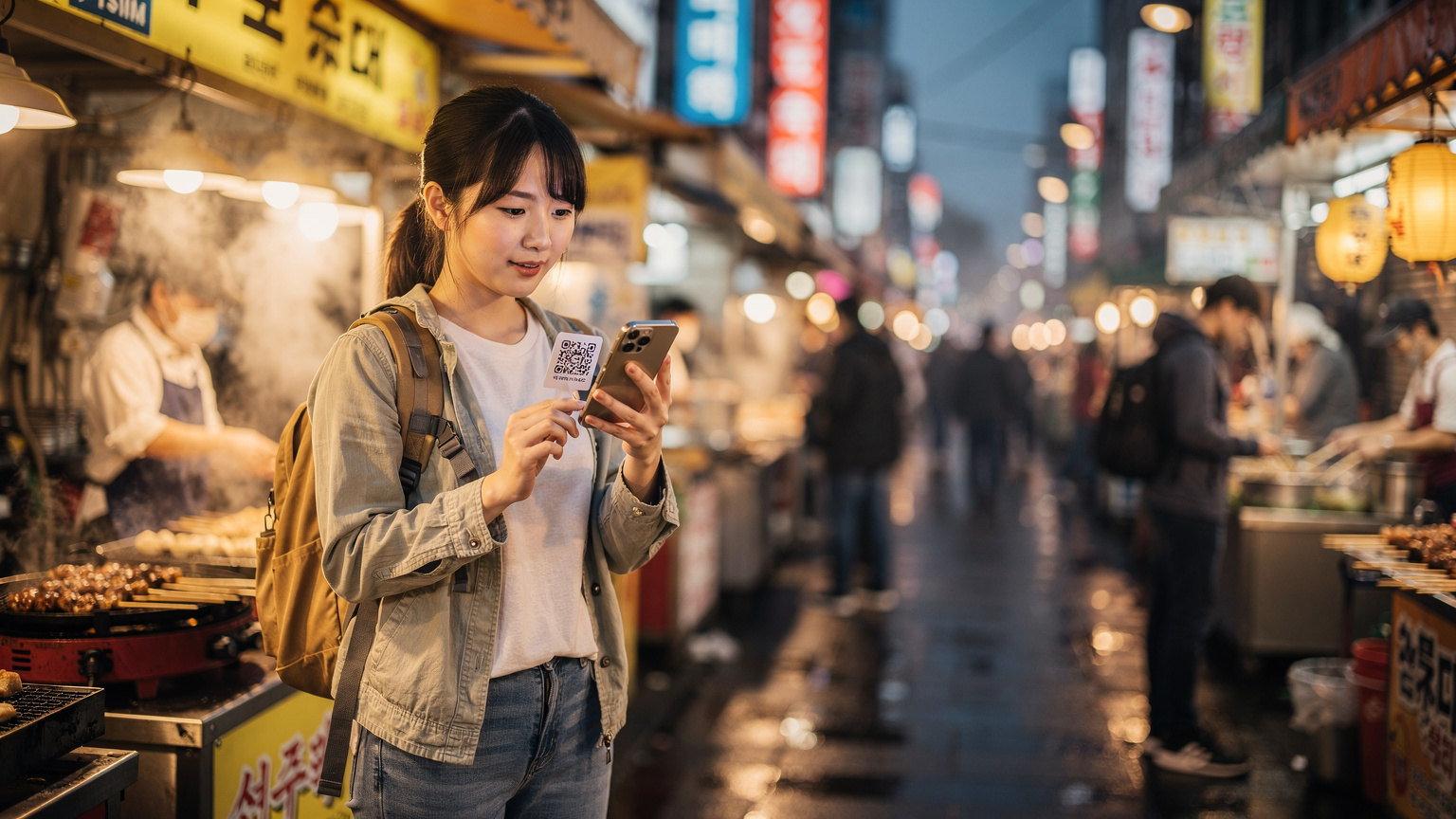 韓国の活気ある明洞の屋台街で、旅行者がスマートフォンでeSIMのQRコードをスキャンしている様子。周りには伝統的なストリートフードが並ぶ。