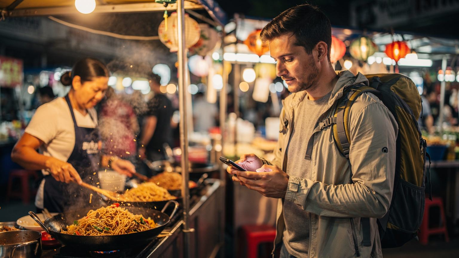 タイの活気あるナイトマーケットで、地元の屋台料理人が調理をしている横で、旅行者がiPhoneでeSIMをアクティベートしている。周囲には様々な料理の香り。