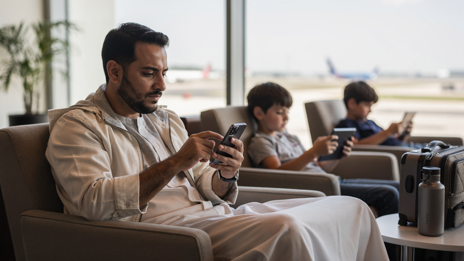 أب سعودي يستخدم تطبيقًا على هاتفه لتفعيل باقة eSIM، بينما طفلاه يلعبان بأجهزتهما اللوحية في صالة انتظار هادئة في مطار حديث، مما يرمز إلى سهولة الاتصال للعائلة المسافرة.