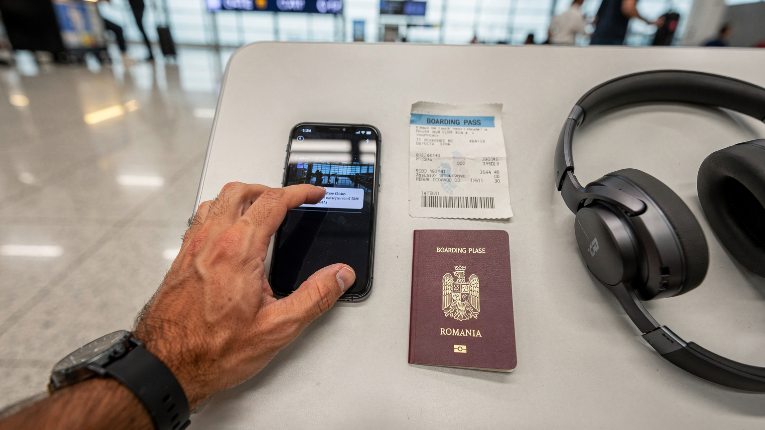 Un călător român, cu pașaportul și căștile pe masă, selectează cu degetul un plan de date eSIM pe un smartphone, într-un terminal de aeroport aglomerat din Otopeni.