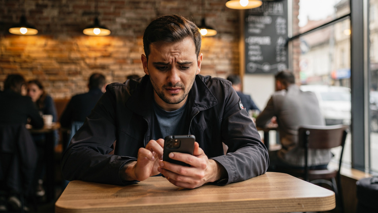 Un călător român, ușor confuz, încearcă să navigheze prin setările telefonului său Android într-o cafenea din București, verificând compatibilitatea eSIM.