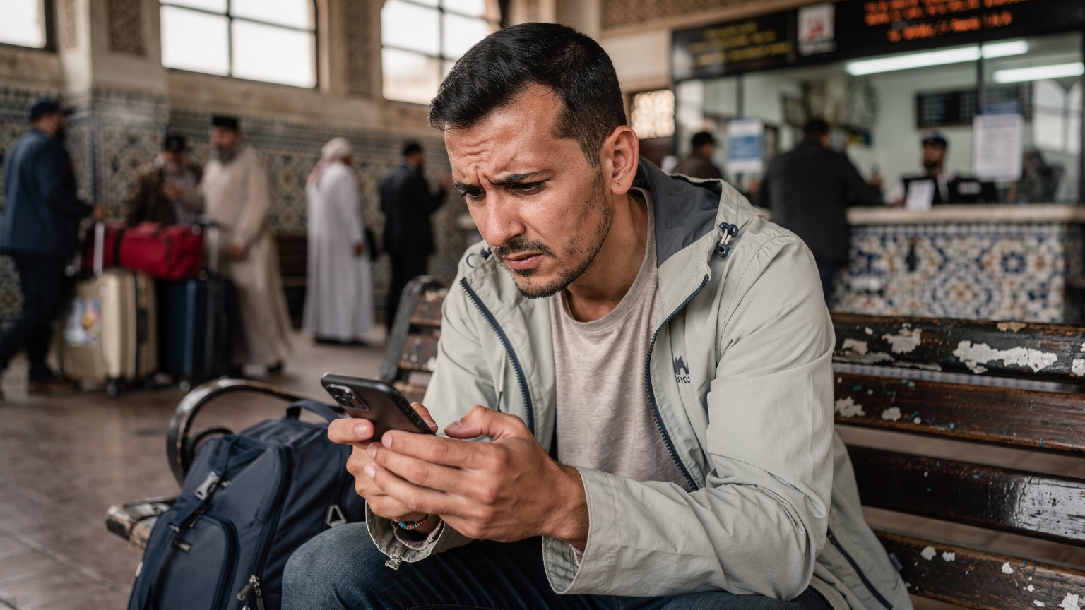 Zestresowany podróżnik trzyma smartfon, wyświetlający komunikat o braku zasięgu, siedząc na ławce w ruchliwym, arabskim dworcu autobusowym.