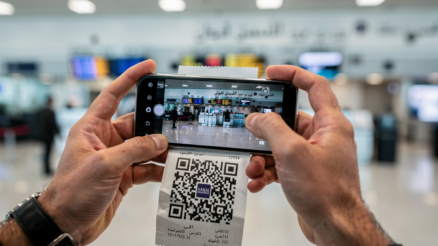Ręce turysty skanującego kod QR eSIM na lotnisku w Maroku, w tle widać tablice informacyjne.