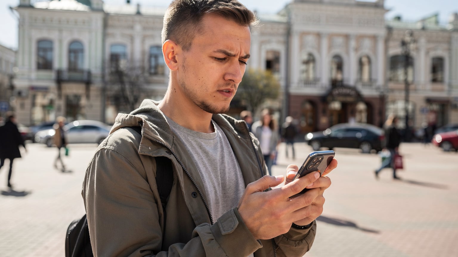 Мужчина, используя смартфон, проверяет карту покрытия сети на городской площади Ростова-на-Дону, демонстрируя удобство eSIM для путешествий по России.