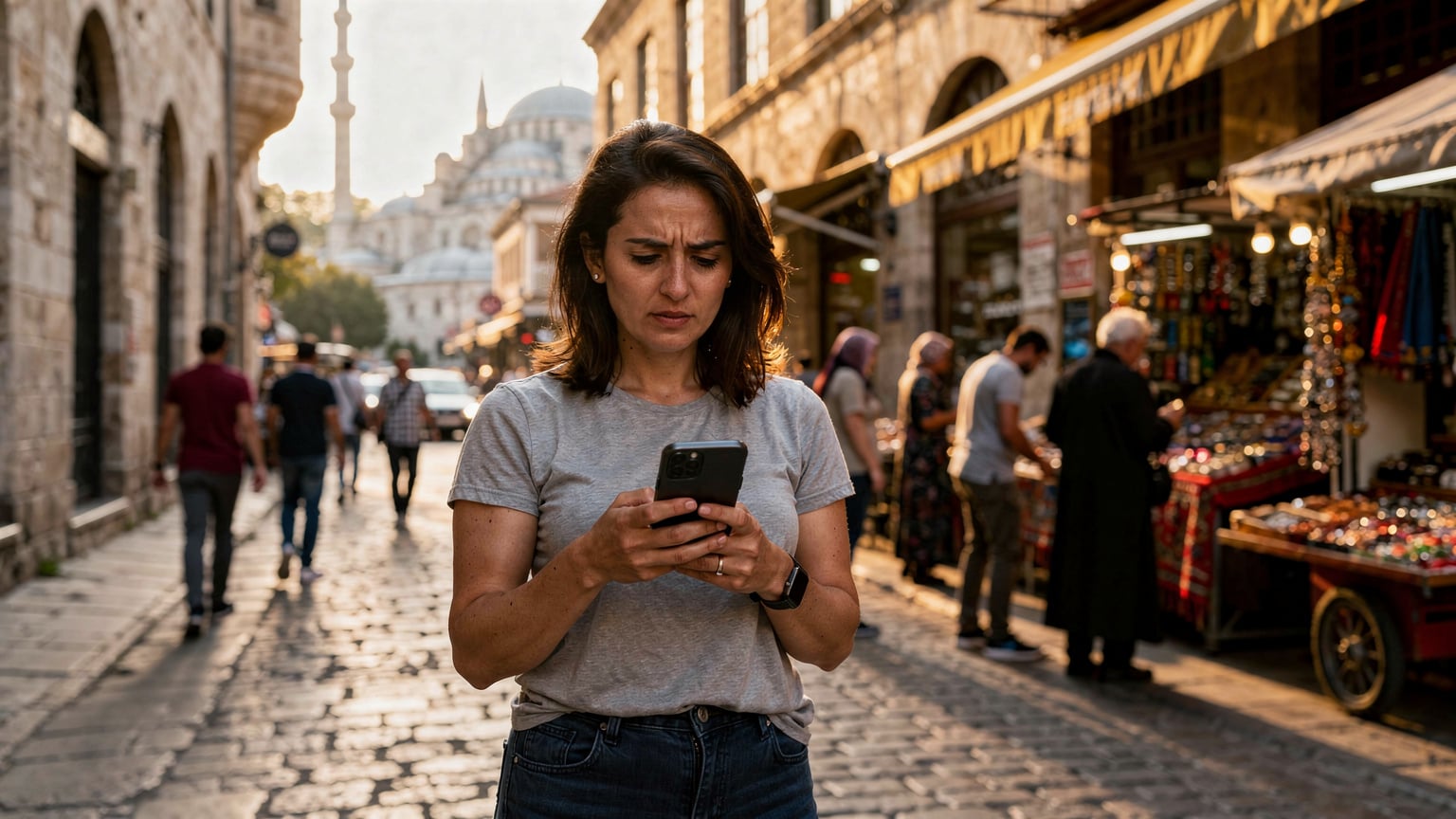 Женщина на оживленной улице Стамбула, используя смартфон, сравнивает тарифы на мобильный интернет, подчеркивая важность выбора выгодной eSIM.