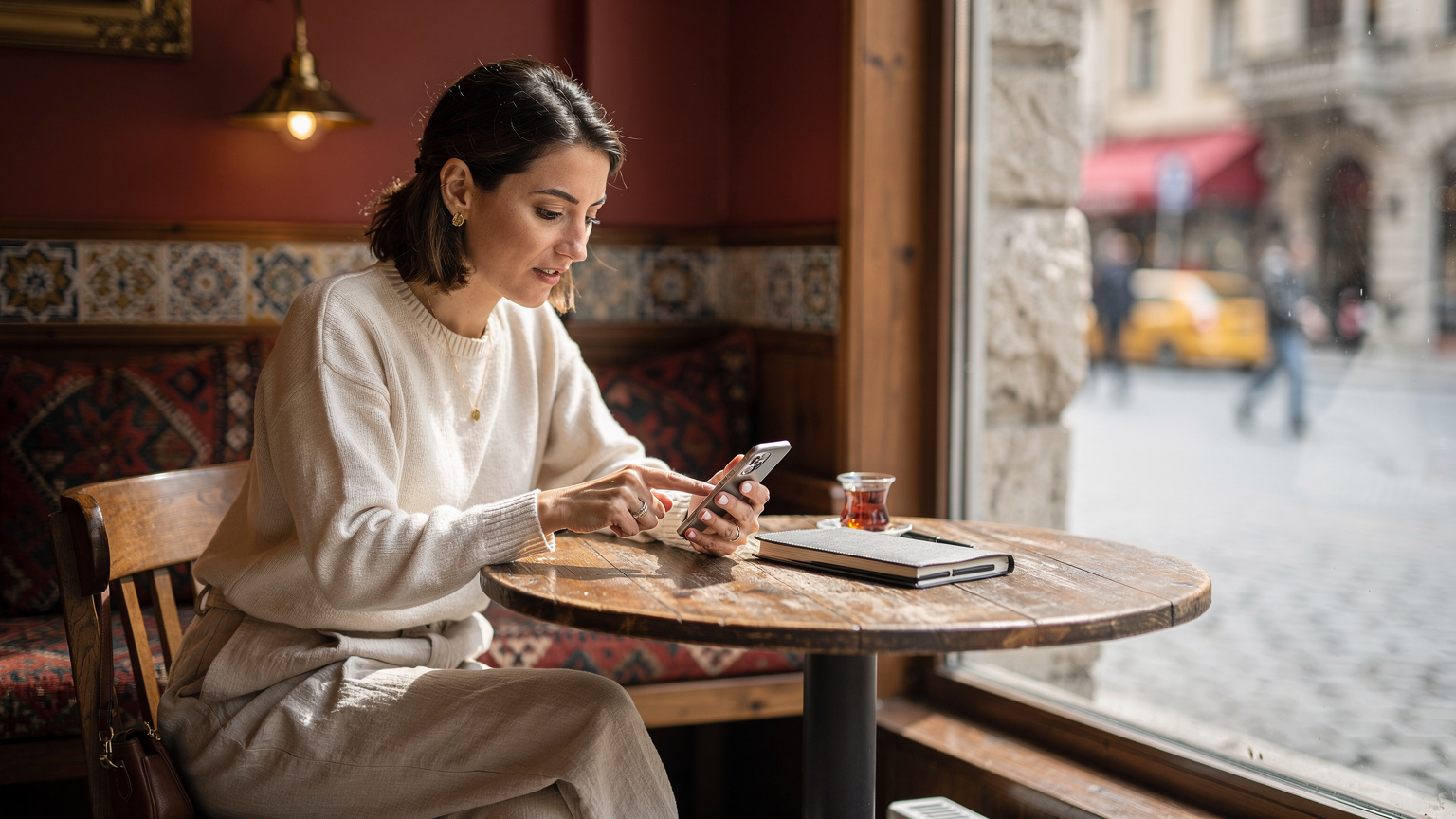 Bir seyahat blog yazarı, Taksim Meydanı'ndaki bir kafede oturmuş, elindeki telefonundan eSIM aktivasyonu yapıyor, arka planda İstanbul'un hareketli caddeleri.