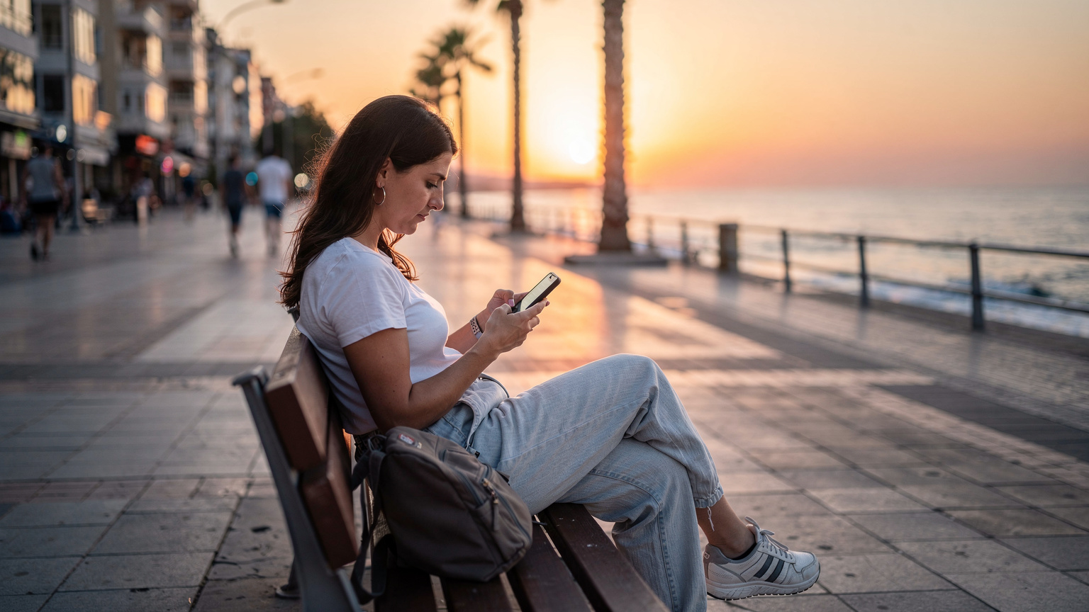 Bir gezgin, İzmir'in Kordonu'nda bir bankta oturmuş, akıllı telefonunda Cellesim uygulamasını kullanarak veri paketini kontrol ediyor. Arka planda deniz ve güneşin batışı.