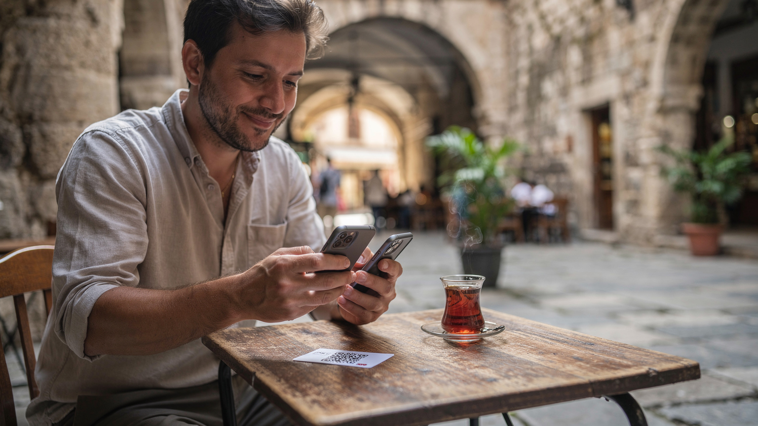 Bir gezgin, İstanbul'daki tarihi bir hanın avlusunda, çayını yudumlarken telefonundaki QR kodunu tarayarak yeni eSIM'ini kuruyor. Etrafında hareketli ama sakin bir ortam.