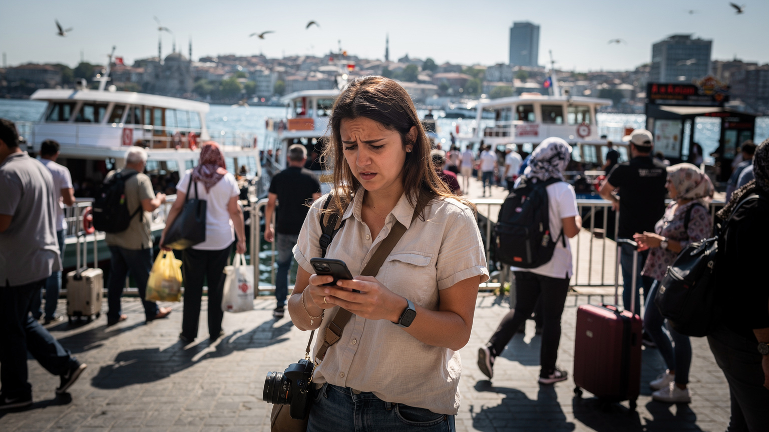 Bir gezgin, İstanbul'un kalabalık Eminönü iskelesinde telefonuna bakarken kaybolmuş veya bağlantı sorunu yaşıyor gibi görünüyor, yüzünde hafif bir endişe ifadesi var.