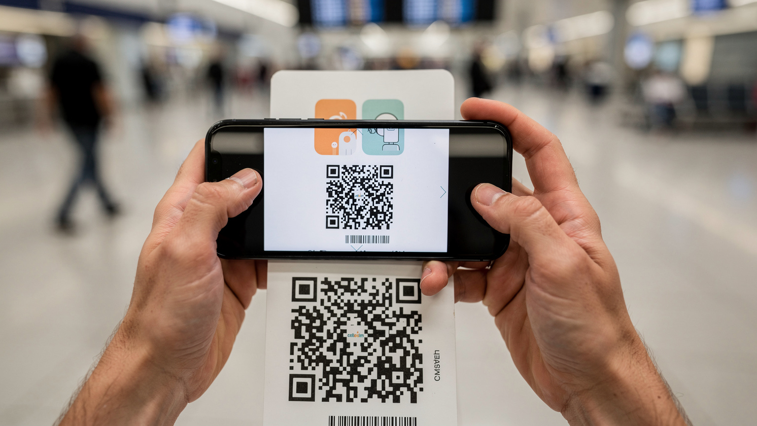 Cestovateľka drží telefón s otvorenou aplikáciou Cellesim a skenuje QR kód pre aktiváciu eSIM, v pozadí je rozmazané letiskové prostredie.
