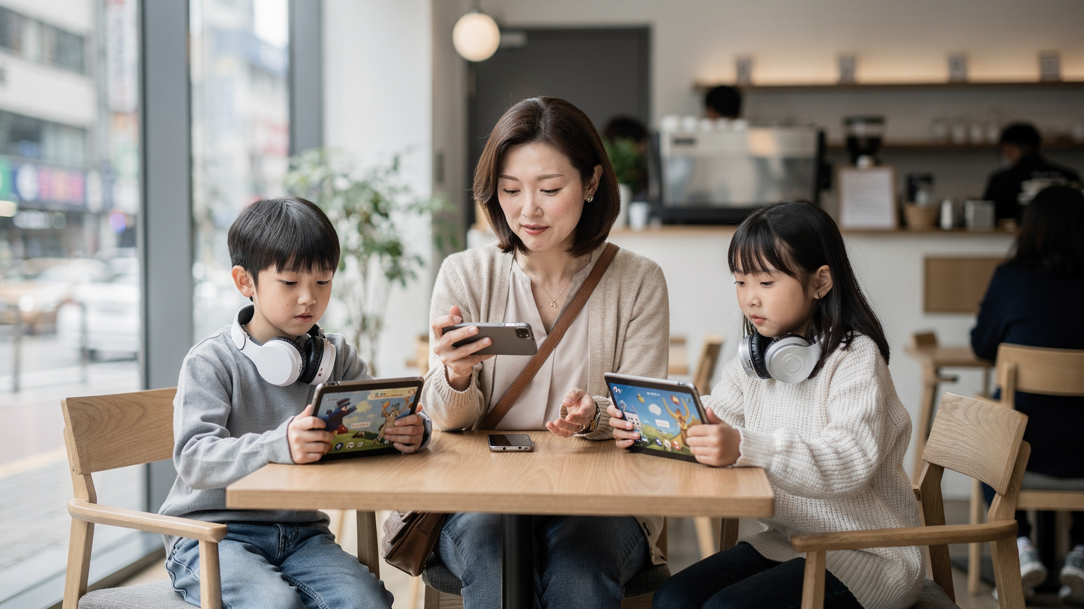 ソウルのモダンなカフェで、母親がスマートフォンで地図を、子どもたちがタブレットでアニメを見ている。