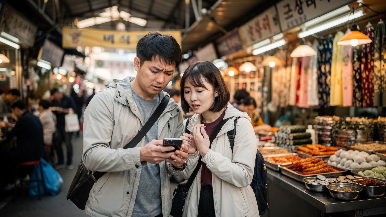 ソウルの活気ある広蔵市場で、若い夫婦がスマートフォンのバッテリー残量が少なくなり困った表情をしている。
