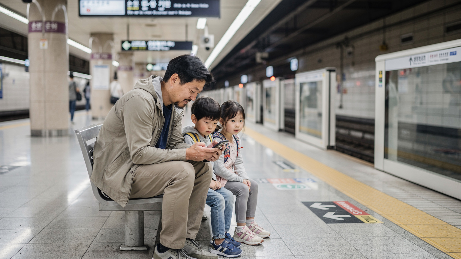 韓国の地下鉄駅のベンチで、父親がスマートフォンでオフラインマップを、子どもたちが隣で座って電車を待っている。