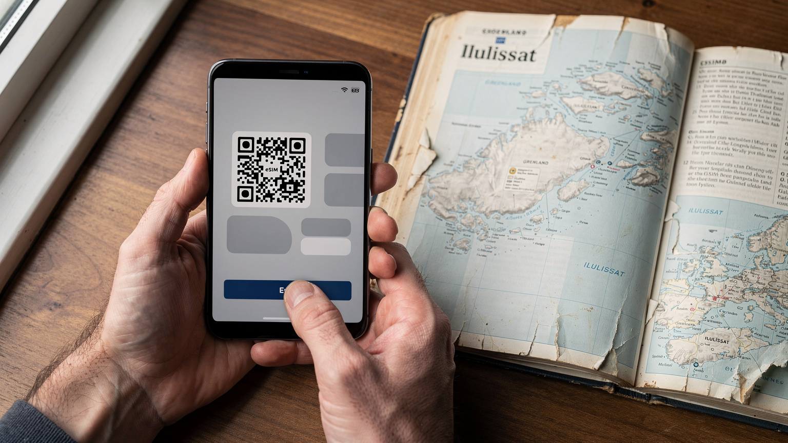 Nærbillede af en rejsendes hænder, der holder en smartphone med et aktivt eSIM-installationsskærmbillede, med en detaljeret Grønlandsk rejseguide liggende åben ved siden af.
