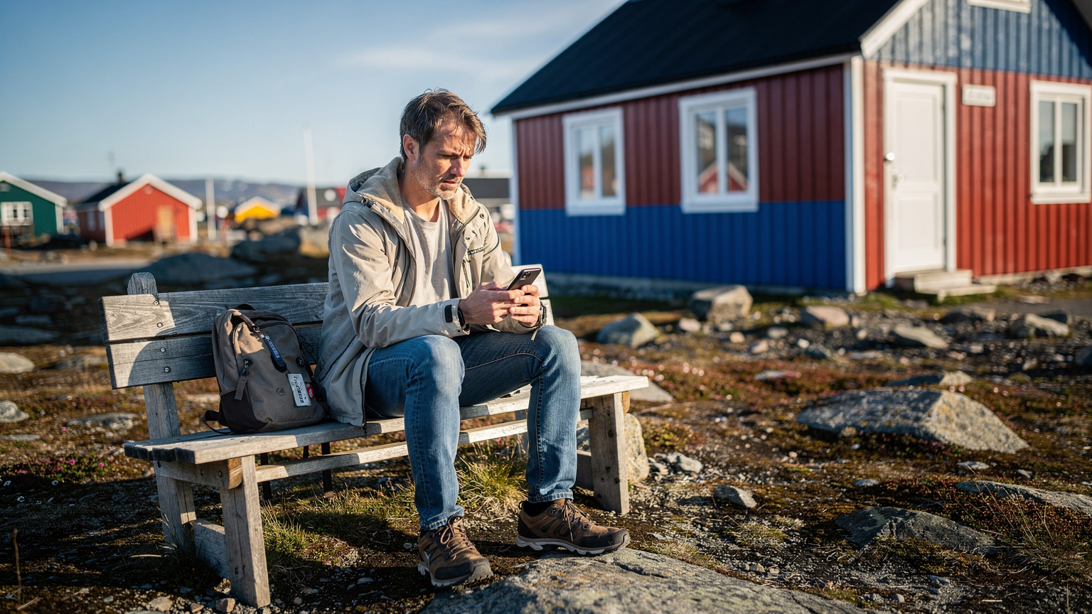 En rejsende sidder på en træbænk udenfor et farverigt hus i Nuuk, Grønland, og kigger bekymret på sin smartphone, der viser "ingen service".