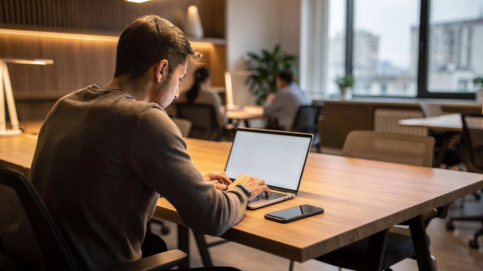 Eine Person arbeitet konzentriert an einem Laptop in einem modernen Co-Working Space in Baku, Aserbaidschan, mit einem Smartphone daneben, das die Wichtigkeit von Datensicherheit symbolisiert.