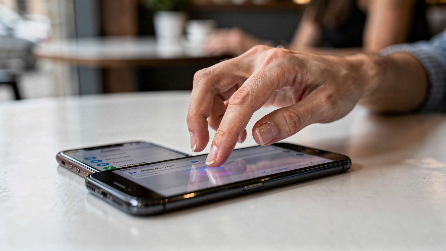 Eine weibliche Hand tippt auf dem Bildschirm eines Smartphones, das die Mobilfunkeinstellungen anzeigt, um die eSIM-Kompatibilität zu überprüfen, in einem Café in Baku.